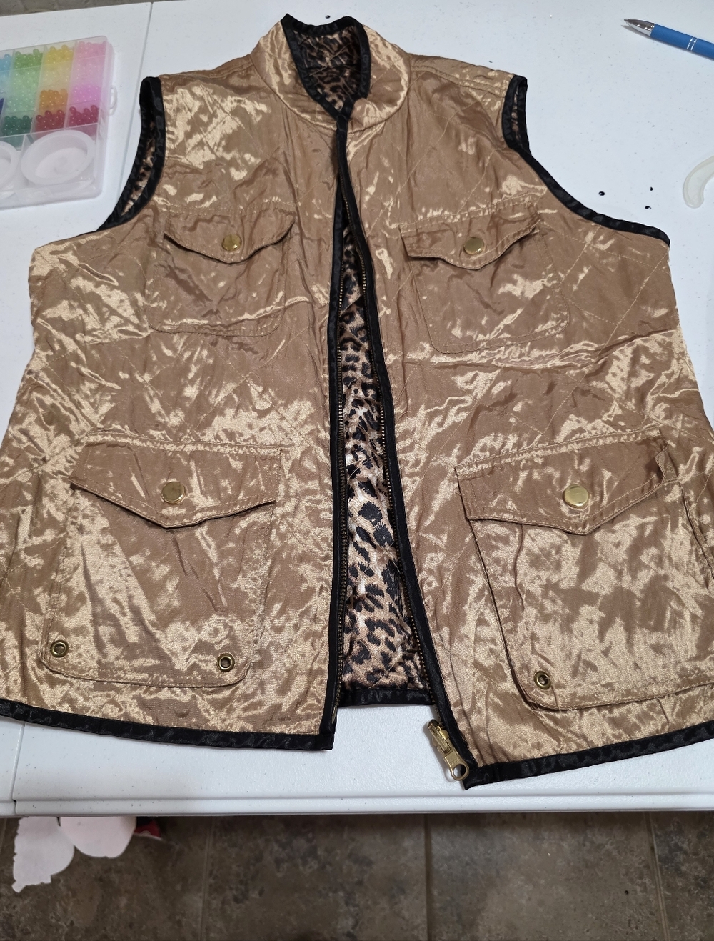 Chico's Shimmery Tan Quilted Vest with Leopard-Print Lining Reversible